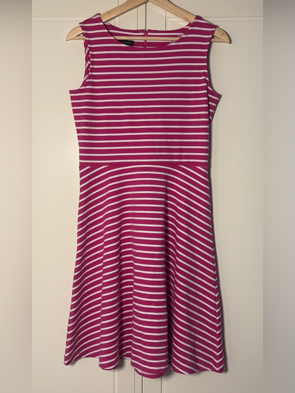 Talbots Fit and Flare pink white strip dress size small